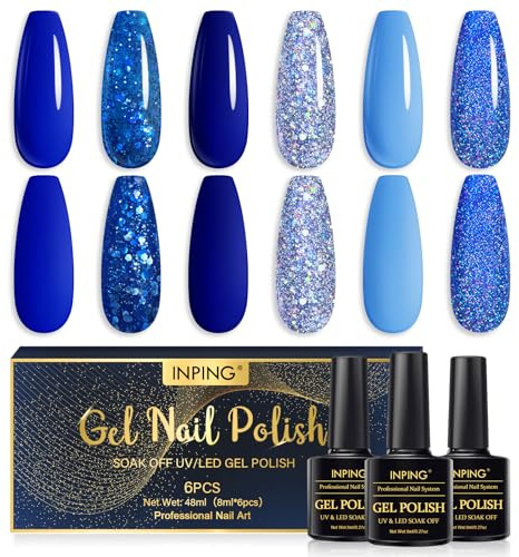 INPING Gel Nail Polish, Blue 6 Colors UV LED Nail Varnish 8ML | Glitter Nail Varnish Soak Off UV/LED for Women French Manicure Home DIY Nail Art Salon, Long-lasting