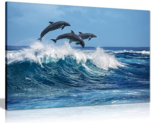 Dolphins Jumping Over Blue Waves Ocean Wildlife Canvas Wall Art Picture Print (24X16)