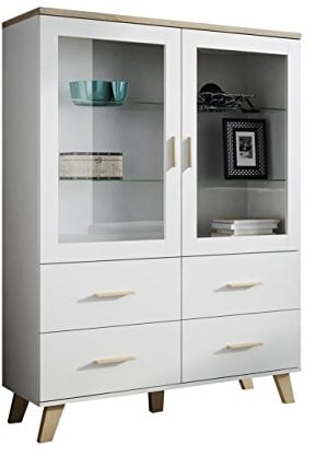 Mirjan24 Vitrine Lotta II 120 2D4S, Standvitrine im skandinavischen Stil, Vitrinenschrank, Glasvitrine, Hochschrank, Wohnzimmer Highboard Schrank (Brilliant Weiß + Eiche Sonoma)