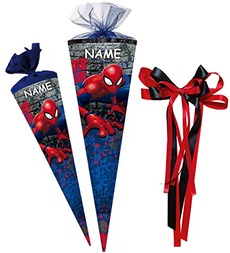 Schultüte - Spyderman/Spyderman - 70 cm - rund - incl. Name und große Schleife - Filzabschluß - Zuckertüte - mit/ohne Kunststoff Spitze - Nestler - Sc..