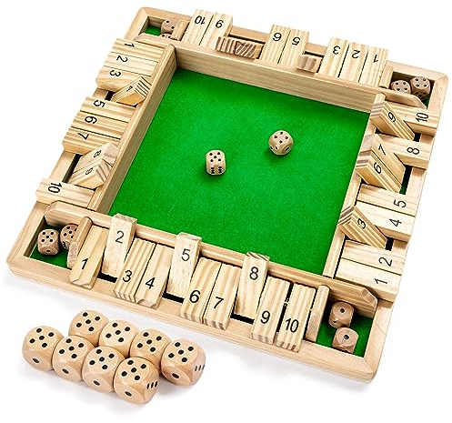 Ropoda Wooden Shut The Box Game (2-4 Players) - Large 4 Sided Board, 8 Dice, Rules - Amusing Addition Game for Kids & Adults, 12 Inch