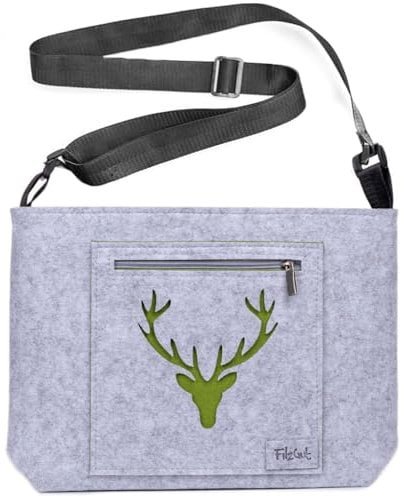 Tiermotiv Hirsch Grau Umhängetasche Damen Oktoberfest Festival Filz Schultertasche Mädchen Dirndl Trachtentasche Filztasche Stoff Trachtenmotiv Tiermotiv Hirsch Grau
