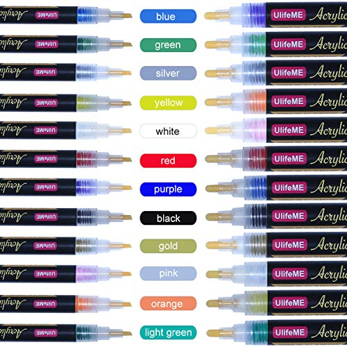 Ulifeme Marqueurs Peinture pour Pierre et Galet, 12pcs 3mm Feutre Acrylique + 12pcs 6mm Stylos de Peinture, 12 Permanent Couleurs Dessin Set pour Enfants DIY, Pointe Ronde et Ciseau pour Ceramique