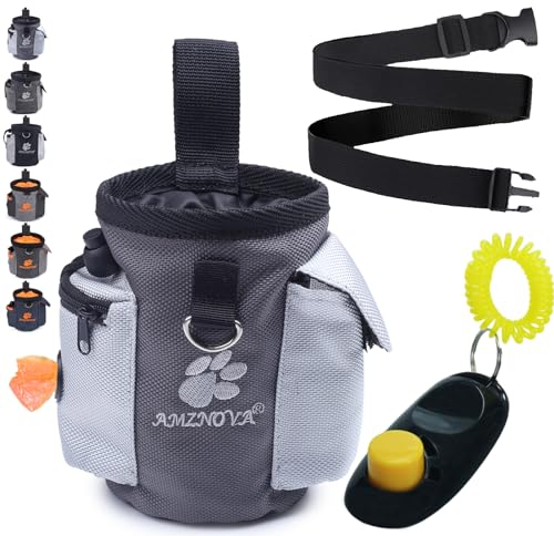 AMZNOVA Hunde Futterbeutel, Tragbare Futtertasche für Hunde zum Gehen, mit Gürtelclip und Abnehmbarem Bund, Hände Frei zum Tragen von Spielzeug, Kibble und Leckereien, Grau
