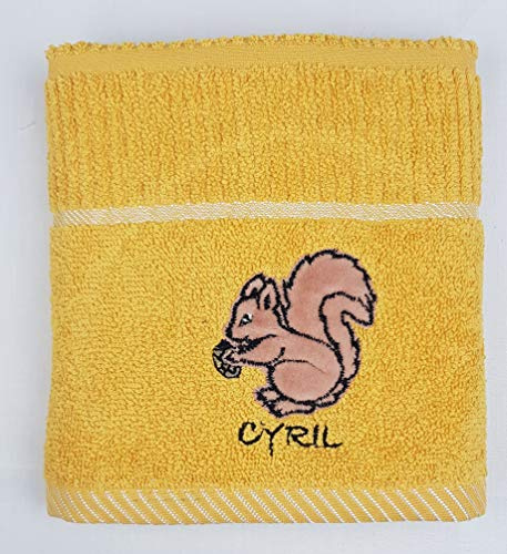 100% Turkish Cotton Tea Towels Embroidered Animal Cooks Cloth Luxury 3 Pack Kitchen Towel Set (Mustard Yellow Squirrel)