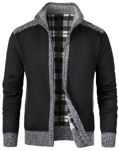 KTWOLEN Cardigan da Uomo Lavorato a Maglia con Cerniera Intera Giacca Stand Collare Classico Felpa Manica Lunga Giacca Pullover con Zip Invernale, A-Nero, L