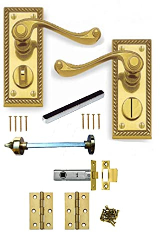 Golden Grace Georgian Privacy Door Handles Pair, Polished Brass 107x48mm | Includes hinges, latch, spindles, screws and emergency release for bathroom doors; works without a mortise lock.