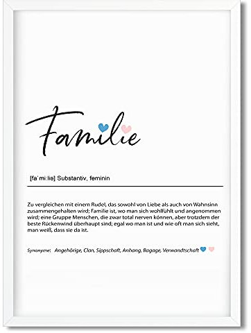 Urhome Kunstdruck Definition Familie mit Bilderrahmen Weiß in DIN A3 - Worterklärung wie im Duden Lexikon Wandbild Wanddeko mit Spruch Holz Rahmen für Wohnung Familie Freunde Geschenk
