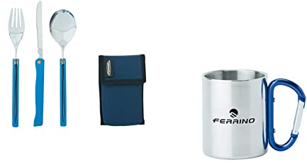 Ferrino Travel, Set Cucchiaio, Forchetta e Coltello Blu &, Tazza con Moschettone Grigio