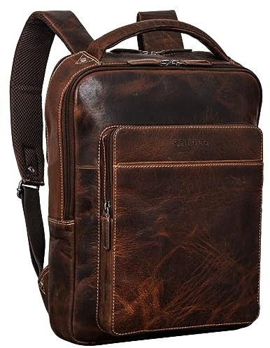 STILORD 'Nicky' Laptoprucksack 13 Zoll Leder Mittel-Groß Damen Herren Lederrucksack Vintage Rucksack Business Handgepäck Reiserucksack Travel Backpack Echtleder, Farbe:luino - braun