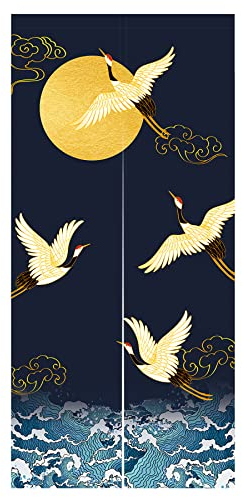 LIGICKY Noren Doorway Curtain Japanese Style Cranes Waves Gold Full Moon Printed Cotton Linen Window Treatment Door Tapestry for Home Decoration 85 x 180 cm, Navy Blue