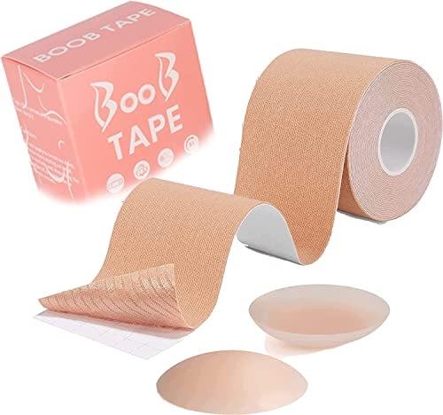 WROLY Boob Tape, Self-Adhesive Strapless Boobtapes, Bob Tape for Large Breasts with 2 Pcs Nipple Covers and Tape, Breast Lift Tape Stretchable Longer Than Regular Tape Rolls (Skin)