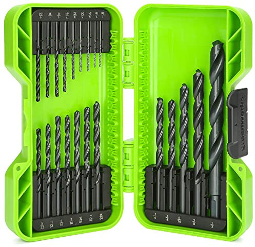 Brocas Greenworks para taladro eléctrico y destornillador, para taladrar metal, madera, plástico, 21 piezas, vástago redondo, punta de separación 135 °, juego de brocas de óxido negro