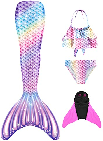 BAWADE Meerjungfrauenflosse Mädchen Meerjungfrau Flosse mit Bikini Setfür Kinder und Monoflosse(4 Stück)