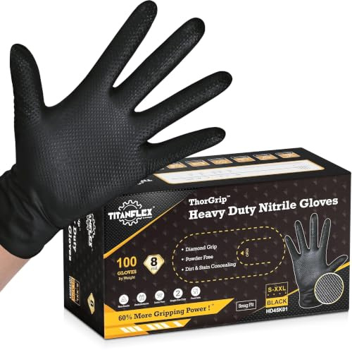 TitanFlex Heavy Duty Black Industrial Nitrile Gloves, 8-mil, XXL, Box of 100, Latex Free, Raised Diamond Texture, Powder Free, Food Safe, Rubber Gloves, Mechanic Gloves(XXL)