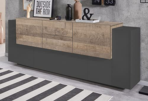 möbelando Sideboard Coro in anthrazit matt/Oak mit 2 Schubladen und 4 Türen. Abmessungen (BxHxT) 220x86x45 cm
