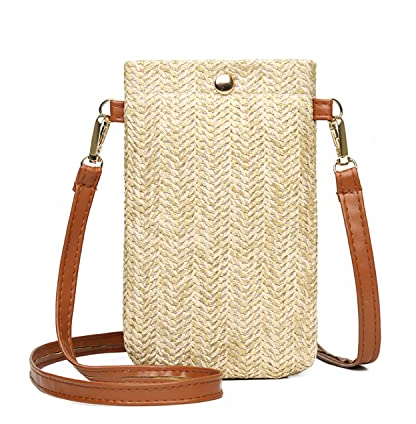 Sac à bandoulière TIANNAIT en paille beige pour femme, sac de plage d'été, sac à bandoulière vertical simple pour téléphone portable, 12 cm x 2 cm x 19 cm