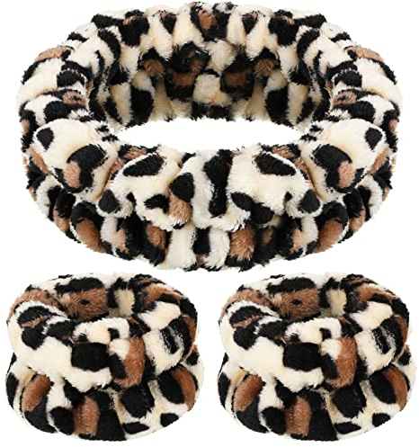 Chuangdi 3 Stück Spa Gesicht Stirnband Handgelenk Waschbänder Set Weiches Makeup Haarband Elastisch Handgelenk Schweißband Flauschiges Kosmetik Stirnband für Damen Mädchen (Weiß, Schwarz, Kuh Druck)