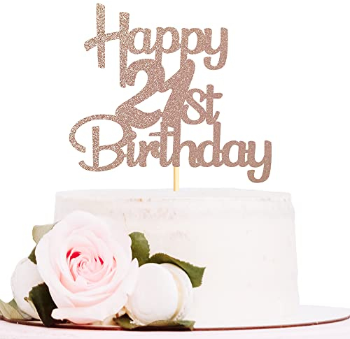 Sotpot Rose Gold Glitter 21 Cake Topper, 21st Birthday Cake Decorations for Birthday Party Anniversary Party Supplies