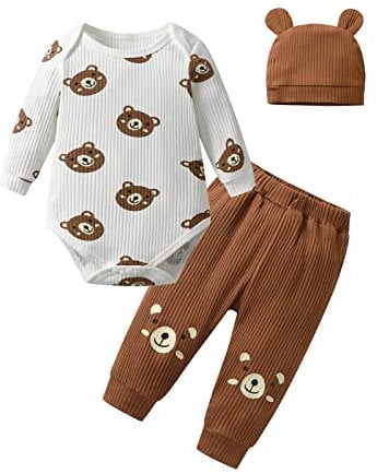 Planooar Baby Clothes 3Pcs Set Baby Boys Clothes Outfit Long Sleeve Little Bear Pattern Top + Pants (0-3 Months) White