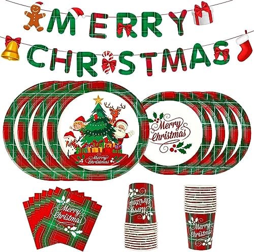 LATERN 114 Piezas Vajilla de Papel para Fiestas Navideñas, 24 x 9 Pulgadas Platos de Comida, 24 x 7 Pulgadas Platos de Ensalada, 24 x 270ml Tazas, 24 x Servilletas, 1 x Pancarta - para 24 Invitados