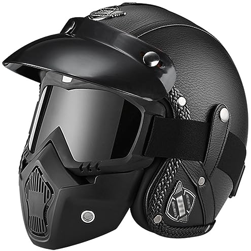 Motorcycle Open Face Helmet with Mask and Goggles Retro Jet Helmet with Removable Brim ECE Approved Adult Protective Helmet Half Cover Helmet for Men Women Cruiser Chopper 2,S(55-56CM)