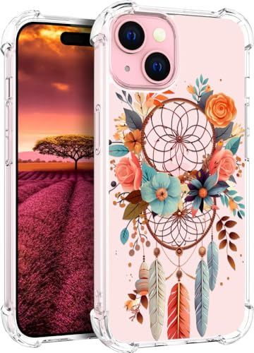 für iPhone 15 Hülle, Transparent Blume Muster Schutzhülle für Frauen Mädchen Kratzfeste Rückseite HandyHülle Case für iPhone 15 (Rosa Traumfänger Blumen Federn)