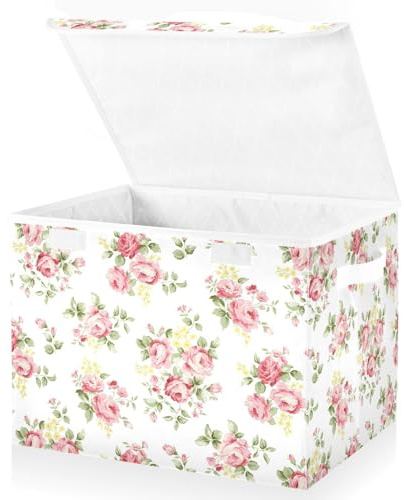 Mnsruu Aufbewahrungskörbe mit Deckel, faltbare Aufbewahrungskörbe mit Deckel, rosa Rose, Blume, Aufbewahrungsboxen, Kleiderkörbe zum Organisieren
