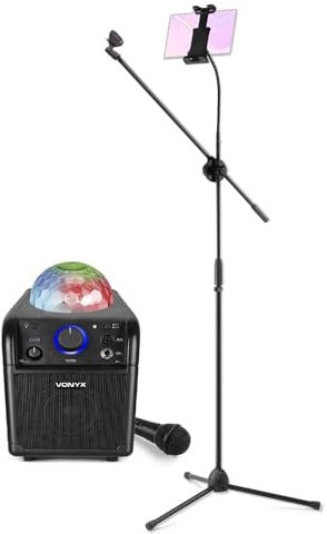 VONYX SBS50B Karaoke Set for Kids, Bluetooth Karaoke Speaker with Wired Microphone, Adjustable Tablet Holder, Mic Stand, Disco LED Party Lights, Childrens Karaoke Machine - Black