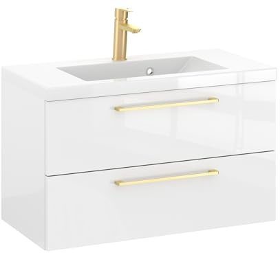 Furni Rosen 80 cm Hängend Waschbecken mit Unterschrank und Eleganten Goldenen Griffen Waschbeckenunterschrank Badezimmer Waschtisch mit Unterschrank Waschtischunterschrank