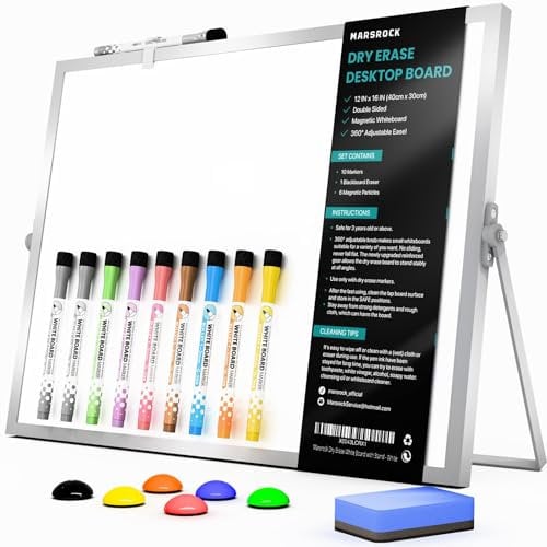 Marsrock Mini-Whiteboard A3 mit Ständer, zweiseitig, 30x40 cm, inkl. 10 Marker, 6 Magnete, 1 Schwamm. Tragbares Tisch White board für Planung, kleines magnetisches Whiteboard für Schule und Zuhause