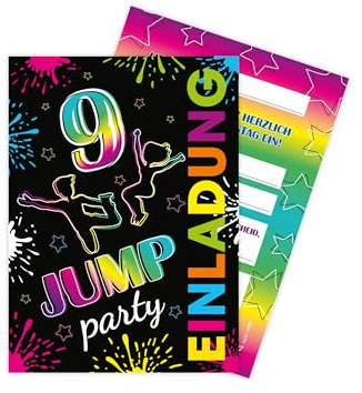 Limonia 12 Einladungskarten zum 9. Geburtstag Motto Jump-Party Trampolin neon Feier Fest Einladung Set Geburtstag Mädchen Kinder Jungs Jungen Boys Teenies