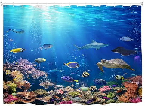 goodbath Rideau de douche extra-large en tissu imperméable avec 12 crochets Motif poissons tropicaux Bleu vif 240 x 180 cm