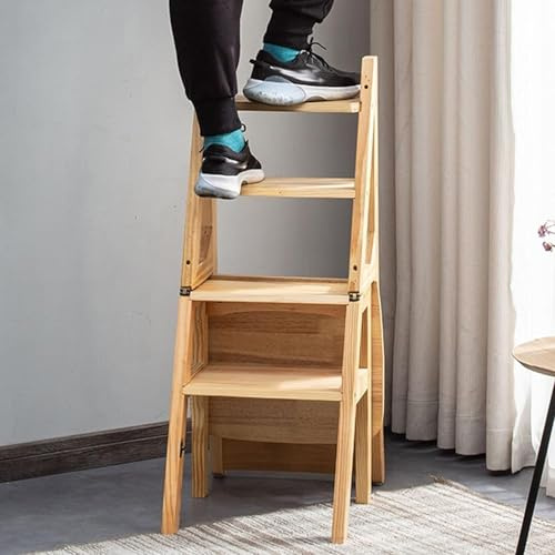 XIAGJAO Wooden 4 Step Ladder Chair, Multifunction Wood Ladder Stool Innovative Step stool Transforming Folding Fold Up Ladder Kitchen Office Library Steps Climb Ladder