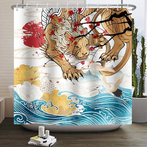 SDOTPMT 120x180cm Japonais Tigre Rideau de Douche Japonais océan Mont Fuji Rouge Soleil Sakura Grue Blanche Asiatique Japonais Traditionnel Ukiyo - e Art Rideau de Salle de Bains avec Crochet