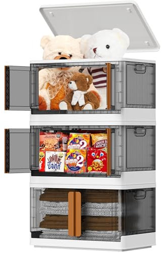 hoyiours Faltbare Aufbewahrungsbox mit Deckel,72L Boxen Stapelbare Kisten Kunststoffbox Plastikbox storage Lagerboxen durchsichtig klappbox mit Türen und Rädern für Wohnzimmer Küche Lebensmittel 3er