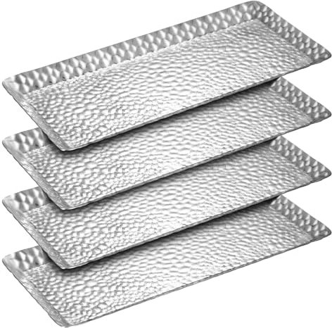 Teenyyou 4 Pcs Metal Serving Tray 9.8 x 4.3 x 0.6 Inch Hammered Rectangle Stainless Steel Small Silver Tray Decorative for Vanity Platter Tray Kitchen Bathroom Counter Storage Counter Organizer