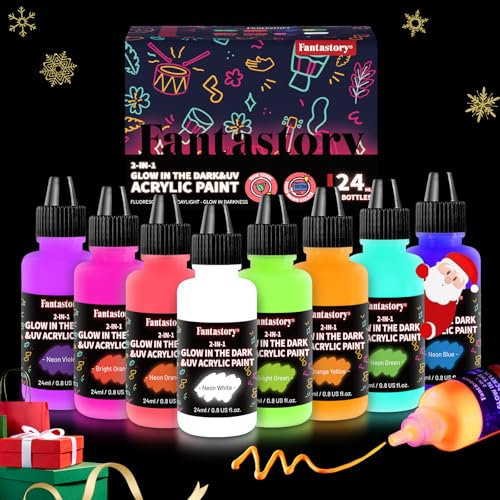 Fantastory Colore luminoso notturno, 8 x 24 ml, neon, nero, ideale per lavori di dettaglio; pietre, tele, adulti, abbigliamento per feste, Halloween, set di colori acrilici fluorescenti