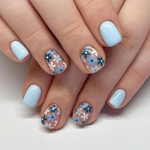 Hebterrka Ongles bleus fleur à coller Carré Court Ongles artificiels, Press on Nails Ongles à coller Fake Nails