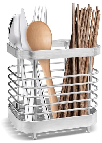 PCKOBEVER Utensil Holder,Stainless Steel Sink Caddy Cutlery Drainer,Anti-Rust Cutlery Storage Rack Kitchen Organiser,Cutlery Organise Sink Tidy Rust Proof Sponge Caddy For Kitchen Utensil (Silver)