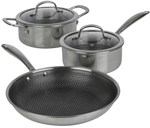 HEXTEC Laser Etched Honeycomb Non Stick Stainless Steel Cookware Pots Set of 3/4/5/6 Pieces, Pans & Frying Pan Sets, Induction Ready, Oven & Dishwasher Safe with Stay Cool Handles, PFOA Free