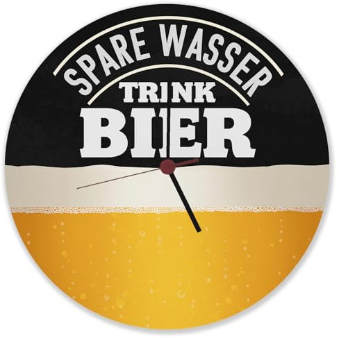 speecheese Spare Wasser Trink Bier Wanduhr aus Alu Witzige Uhr für Männer mit Biermotiv als Dekoration für den Partykeller oder für die Kneipe des Vertrauens