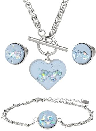 Concrete Jungle HEART ME Schmuckset Damen | Herz Halskette, Ohrstecker & Armband | Handgefertigt aus Beton & recyceltem Kupfer | Perfekte Weihnachtsidee für Sie (Blue Crystal Silver)