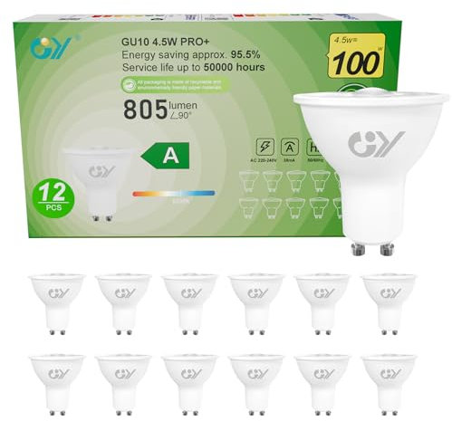 GY GU10 LED Kaltweiss Lampe,4,5W 6500K 805 Lumen Kaltweiß Glühbirnen,Ersetzt 100W Halogen Leuchtmittel,36° Abstrahlwinkel Spot Strahler,Enegiesparende GU10 Nicht Dimmbar Reflektor Lampen,12 stück