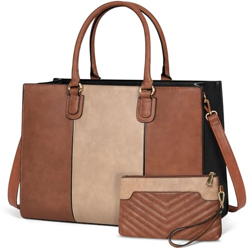 NEWHEY Handtasche Damen 15,6 Zoll Shopper Damen Groß Arbeitstasche Tote mit Clutch PU Leder Aktentasche Laptoptasche Messenger Umhängetasche für Schule Büro Reisen Business