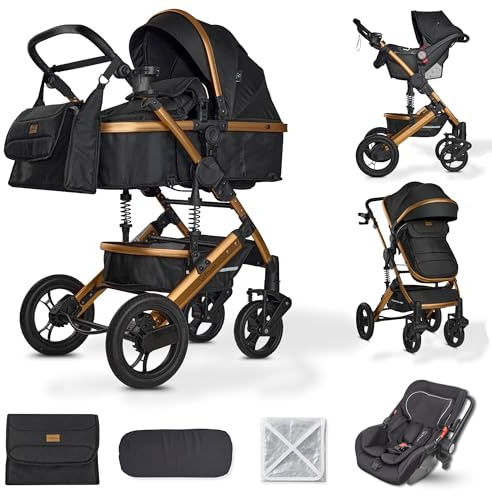 BRONEA EXQUISE 2.0 Kinderwagen 3-in-1 Komplettset Inkl. Auto-Babyschale & Matratze für Babywanne | Buggy, Zusammenklappbar, Wickeltasche, Regenschutz, Mücken- & Sonnenschutz (Gold-Schwarz)
