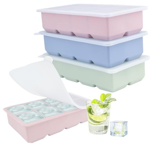 Lot de 3 bacs à glaçons en silicone aux couleurs Morandi | Design à 8 compartiments en vert pastel, bleu clair et rose pour cocktails à gin, café glacé et blocs de congélation | Robuste et