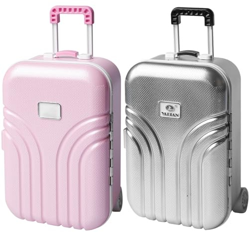 2 Stück Kreative Koffer Spardose, Mini Klein Trolley Gepäck Sparschwein, Spardose Simulation Reisekoffer aus Kunststoff für Schmuck, Kleine Aufbewahrungsbox für Erwachsene (Silber+Rosa)