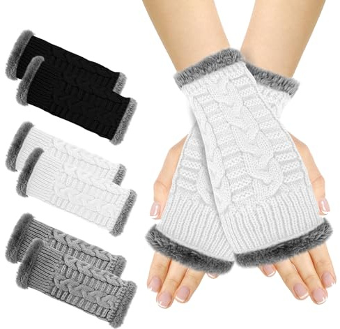 DELAESI Fingerlose Handschuhe Damen 3 Paare Handschuhe Ohne Finger Winterhandschuhe Fingerless Gloves mit mit Thermofutter Unisex Strickhandschuhe für Tippen Arbeit Fahren