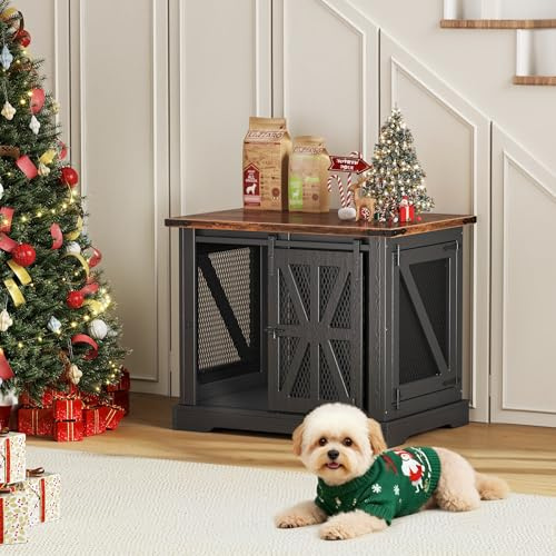 Dog Cage Furniture, 73cm Three-Door Wooden Dog Cage with Sliding Doors, Indoor Dog House, Suitable for Puppies and Small Dogs, Anti-Chew and Anti-Escape, 73x51x60cm, Black